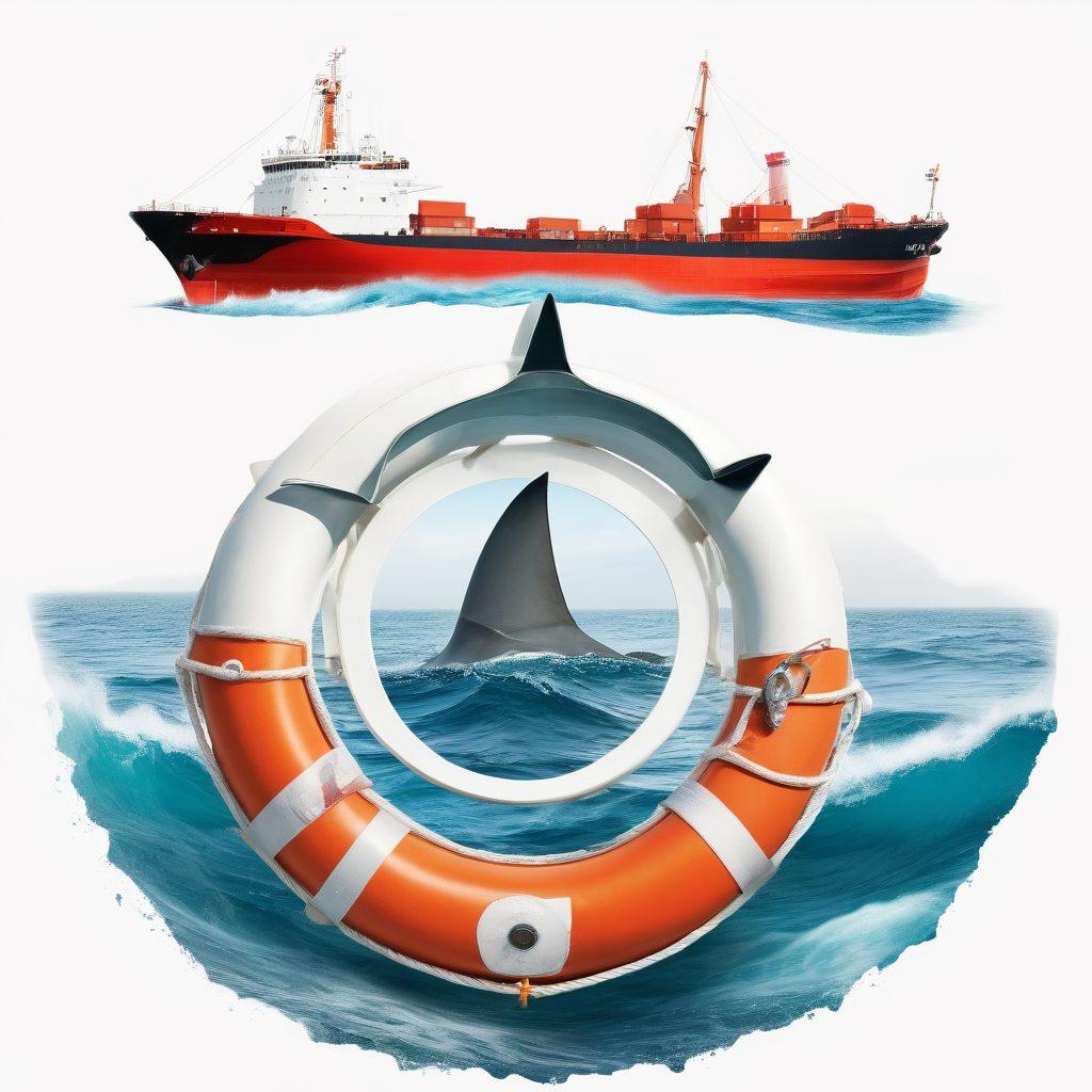 A visually striking collage featuring a tranquil ocean scene with a large cargo ship, shark fin, and lifebuoy, symbolizing marine liability. Add a nautical compass and a legal document floating on water to represent policies. Use vibrant colors to evoke a sense of adventure and responsibility in maritime law. 3D style. vibrant colors. white background.
