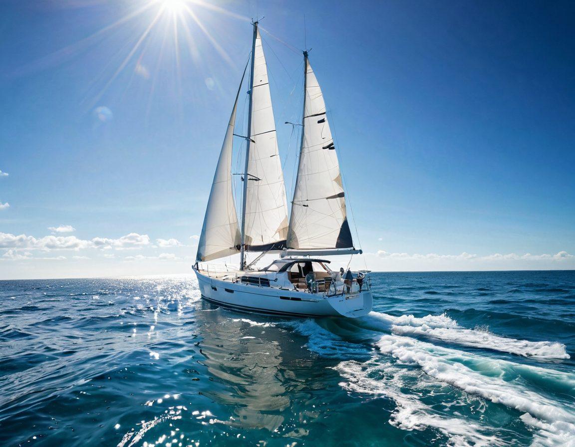 A picturesque yacht gliding through crystal-clear blue waters under a bright sun, surrounded by gentle waves and a serene horizon. Include a variety of marine elements like sailboats, life jackets, and insurance documents subtly integrated into the scene, emphasizing safety and coverage. The image should evoke a sense of adventure and tranquility, combining nautical themes with a hint of professionalism. super-realistic. vibrant colors. oceanic backdrop.
