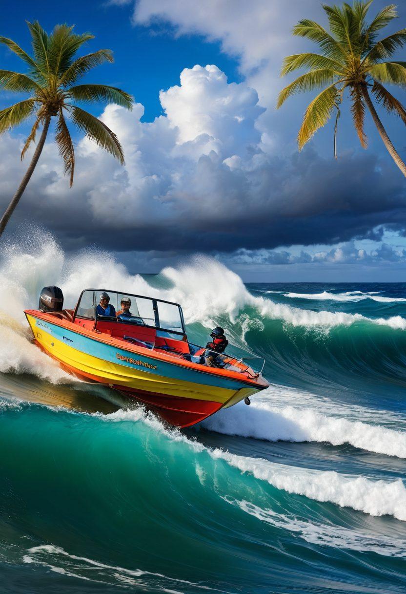 An adventurous scene showing a person confidently steering a colorful boat through choppy water, with logos of various insurance companies subtly integrated into the waves. A distant coastline with palm trees symbolizes safety and tranquility, while storm clouds hint at impending risks. Include a safety gear checklist floating in the foreground, emphasizing preparedness. vibrant colors. super-realistic.